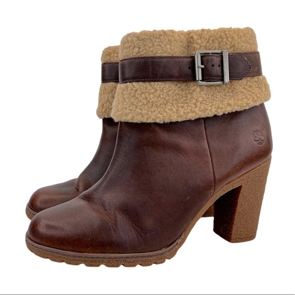 Timberland Women’s Oiled Leather Glancy Fleece Folded Down Heeled Booties Boots - Picture 11 of 14